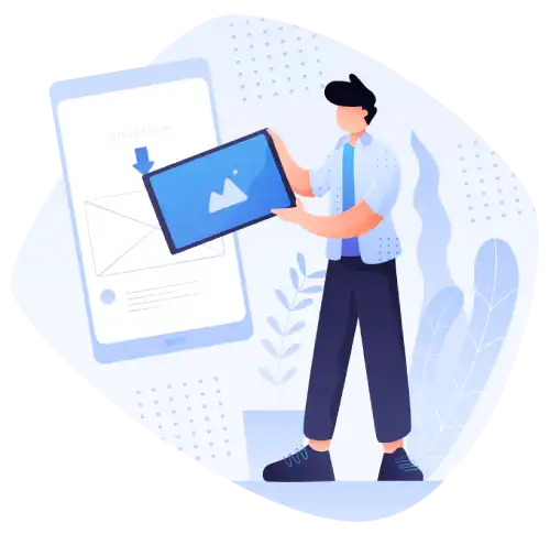 AI background remover illustration showing a person presenting an image editor on a laptop screen